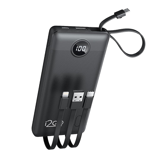 I2GO, Carregador Portátil (Power Bank), 10000mAh, 4 em 1 Com Cabos Acoplados (Micro USB, U...