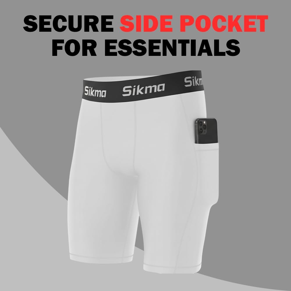 Sikma Mens Compression Boxer Shorts with Pockets Base Layer Skin Tight Briefs Sports Gym Fitness Bottom (US, X-Large/White)
