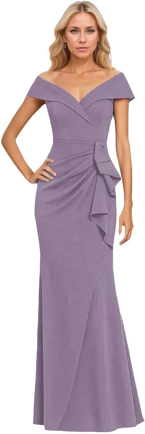 Satin Off The Shoulder Mother of The Bride Dresses Zipper Mermaid Wedding Guest Dress Ruched Formal Evening Gown