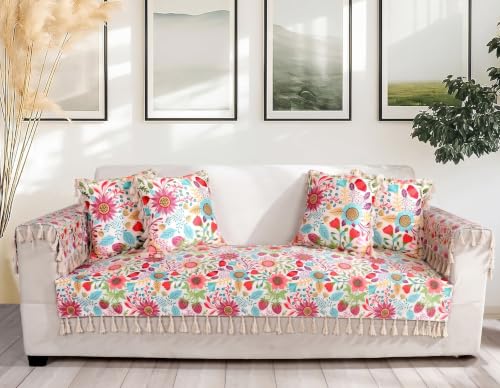 Image of ishro home Premium Sofa Cover 2 Seater Protecter with 2 Handle Covers - Soft European Standard Fabric, Frill Design, Machine Washable | (Sun Garden, 2 Seater, Seat Cover)