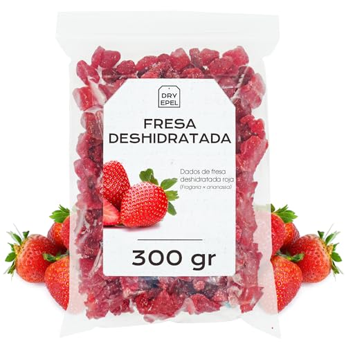 Fresas Deshidratadas con Azucar 300 gr - Fresas Secas Cortadas en Dados - Fruta Deshidratada - Ideal para Reposteria y Snacks - Sin Gluten (300 gr, Fresa Partida)