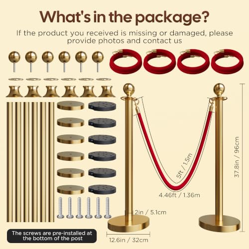 Image of 6 Pack Gold Stanchions and Velvet Ropes Set, Stainless Steel Crowd Control Barriers, 4Pcs Red Carpet Ropes and Poles for Party Supplies,Photobooth Accessories, Prom,Birthday,Business,Wedding, Museums