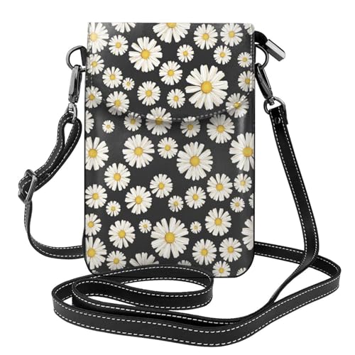 Pochette téléphone pour femmes en cuir PU motif marguerites blanches avec porte-cartes