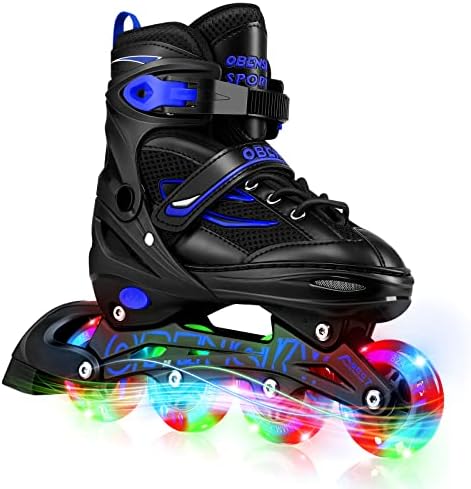 OBENSKY Adjustable Inline Skates for Boys and Girls, Rollerblades Beginner Inline Skates for Kids with All Light Up Wheels, Indooor Outdoor Roller Blades for Toddler Youth - Blue, L (4-7 US)