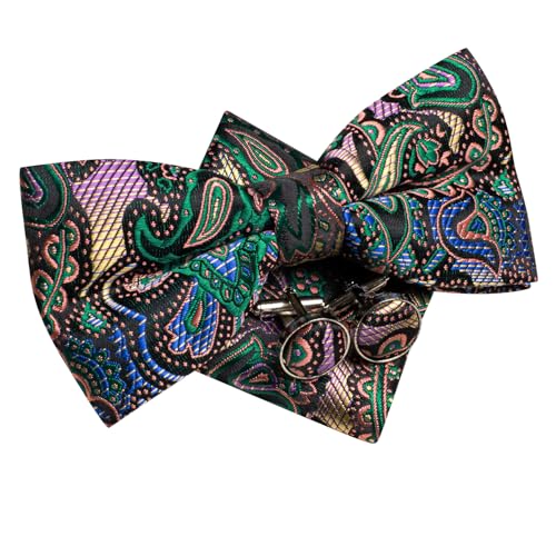 Image of Hi-Tie Bow Ties for Men Pre-Tied Pocket Square with Cufflinks Mens Bowtie Sets for Wedding Formal Party