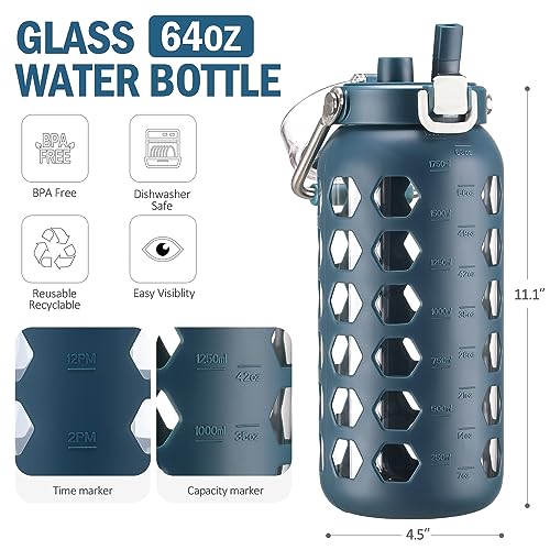 Image of MUKOKO 64oz Glass Water Bottle with Straw and Lid, Blue