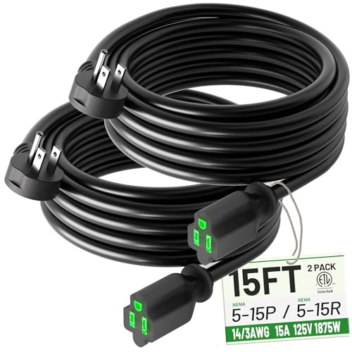 POWGRN 2 Pack 15 Foot Flat Plug Extension Cord