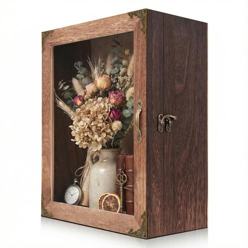 Kaasthaa Shadow Box Frame 11X13, Depth 5In Shadow Boxes Display Cases, Rustic Burnt Wood, Vintage Metal Accents, Acrylic Door, Metal Handle And Latch, Linen Back