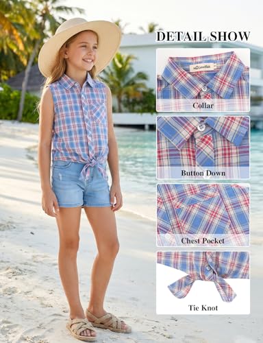 Image of Noomelfish Girls Sleeveless Button Down Shirt Tie Knot Blouse Western Cowgirl Outfit (5-12 Years)