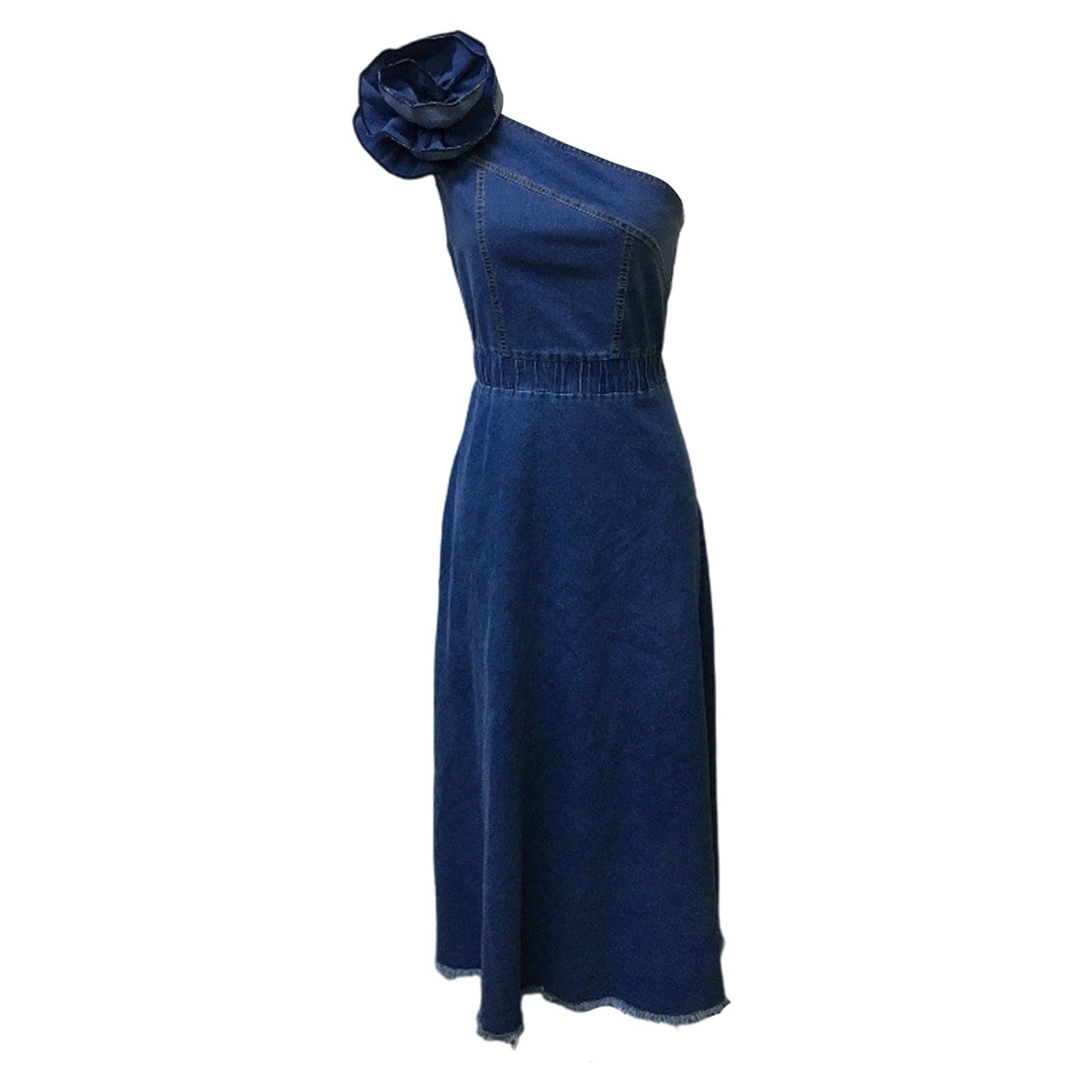 Elegante vestido casual con hombros descubiertos con estampado floral vestido largo de mezclilla en diseño moderno para mujer, ideal para uso diario, oficina o vacaciones