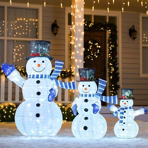 JOIEDOMI 3 Pcs 3D Christmas Collapsible Snowman Yard Light 270 Pre-Lit LED Cool White Lights for Indoor Outdoor Garden Holiday Décor, Xmas Event Decoration, Christmas Eve Night, Blue Scarf