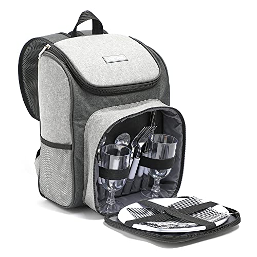 VonShef Picnic Backpack, 2 Person Grey Picnic Hamper with Dining & Cutlery Set & Cooler Compartment,...
