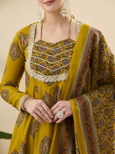 Image of MOKOSH Women's Cotton Print Anarkali Kurta Sharara with Dupatta | Anarkali Kurta Set | Queen Anne Neck Full Sleeve Ethnic Suit | Floral Kurta 3 Colour Option Available | 3 Piece Outfit