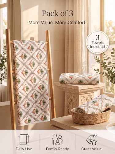 Image of Mafatlal Madhuban 250 GSM Premium Waffle Cotton Shower Towels Pack of 3 | 147 x 76 cm | Lightweight | Floral Design | Teal Green