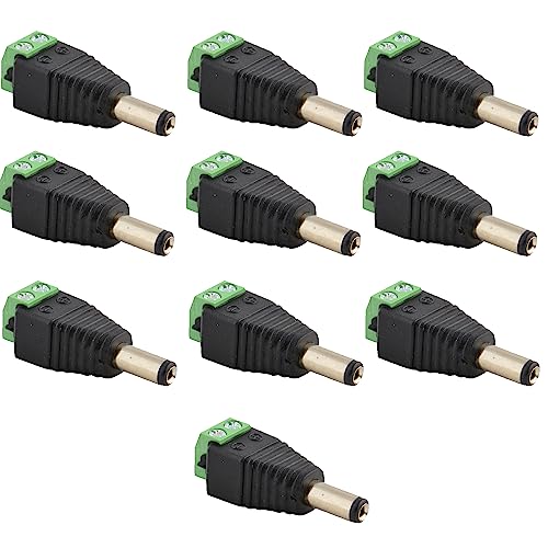 JacobsParts Male DC Barrel Power Plug Screw-on Wire Connector 5.5mm x 2.1mm for 12V/24V LED Strip and Electronics (10 Pack)