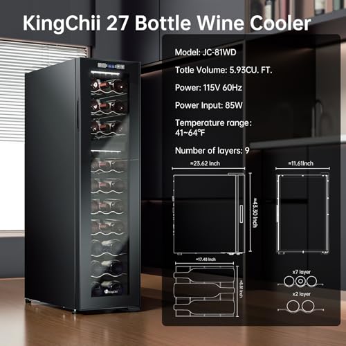 Image of KingChii 27 Bottle Wine Cooler Refrigerator - Dual Zone Wine Fridge with Intelligent Digital Control, Low Noise Operation, Freestanding Wine Refrigerator for Home and Kitchen, Black