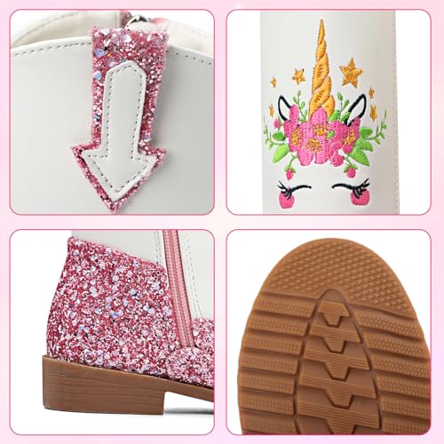 Girls Cowgirl Boots Glitter Princess Shoes Mid Calf Zipper Square Toe Western Cowboy Boot, Pink 12 Little Kid4