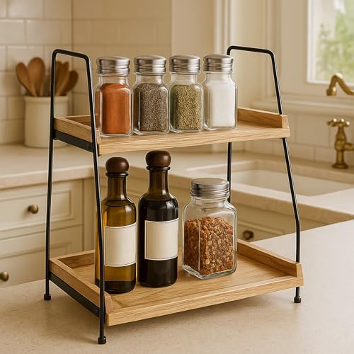 2-Tier Solid Wood Coffee Bar Organizer Shelf – Rustic Countertop Storage Rack With Black Metal Frame, Easy Assembly & Scratch-Resistant Feet – 40X19X38Cm For Kitchen, Vanity, Office Or Balcony - 2
