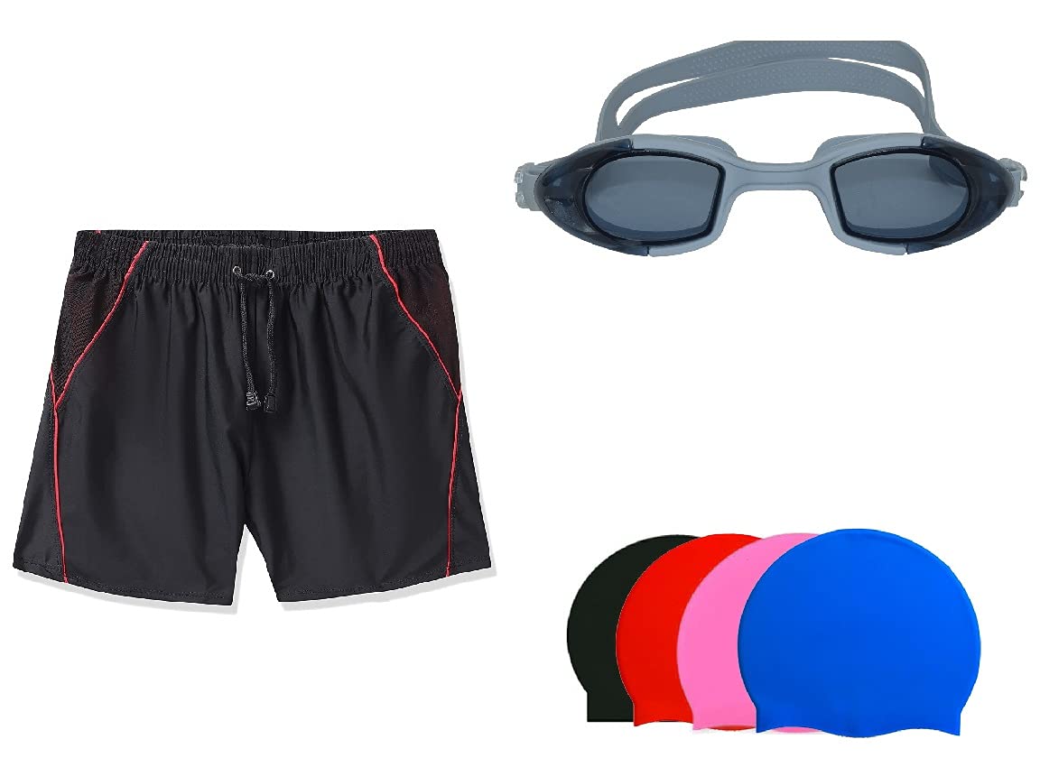 SWIMMING SHORTS V-216 BLACK RED PIPING SIZE 3XL WITH GOGGLES SILICONE IS-PLYR WITH BOX WHITE/BLACK AND 100% SILICONE SWIMMING CAP PLAIN RED-image-15