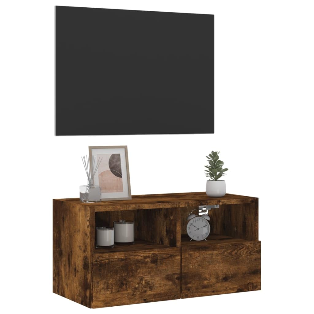 Fengshui Mobile da parete per TV, in legno di rovere affumicato, 60 x 30 x 30 cm | 2 ripiani, 2 scomparti dietro la porta, montaggio a parete, spazio per libri e DVD