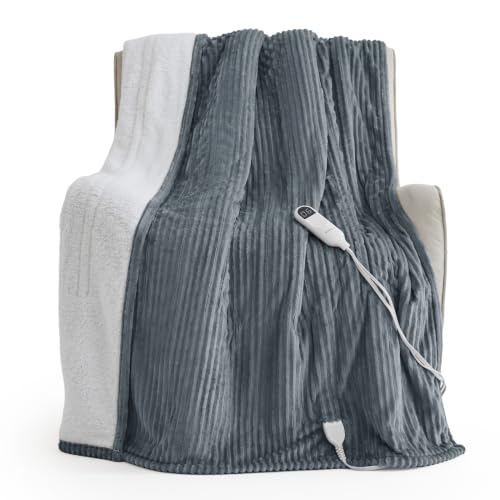 Image of Bedsure Ribbed Heated Blanket Throw XL, Grey Electric Blanket, Preheat