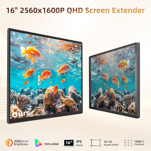 Image of Laptop Screen Extender 2.5K Monitor - 16 inch Double Portable Monitor 2560x1600P QHD 100% sRGB IPS 235 Rotation Detachable Screen Design Extra Compatible with Mac Wins Dex Chrome Fits 13 inch-17 inch Laptops