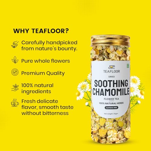 Image of TEAFLOOR Dried Soothing Chamomile Flower Tea | (40+ Cups) for Better Sleep, Relaxation & Stress Relief | 100% Pure Flower Buds | Natural Loose Herbal Tea - No Caffeine - Mild Flavour - Non GMO (35 Grams)