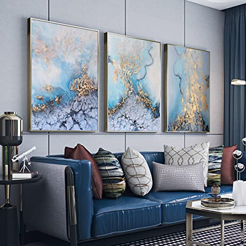Toile abstraite bleu rivière et feuille d'or triptyque luxe 60x80cm