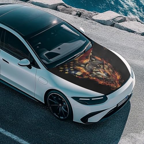 Image of Flag Cool Wolf Flag Car Hood Cover Easy Installation Car Hood Cover Protector Removable Automotive Accessories Fabric Hood Cover All-Season Protection for Car Decor