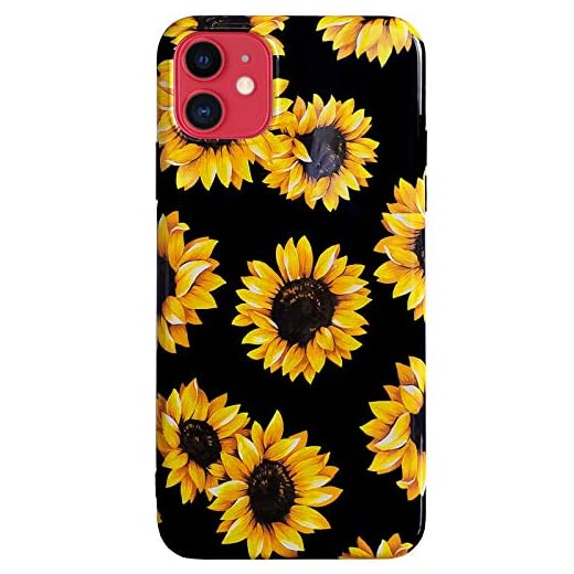 J.west iPhone 11 Case, Vintage Floral Cute Yellow Sunflowers Black Soft Cover for Girls/Women Flexible TPU Silicone Slim fit Fashion Design Pattern Drop Protective Case for iPhone 11 6.1 inch