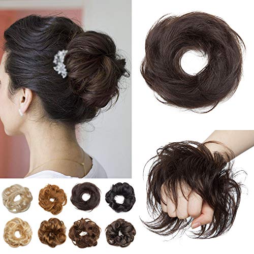 S-noilite Messy Rose Bun Hairpieces 1PCS Human Hair Scrunchie Straight Elegant Chignon Hair Extensions Instant Ponytail Updos Scrunchy For Women Kids Wedding Tousled #1B Natural Black