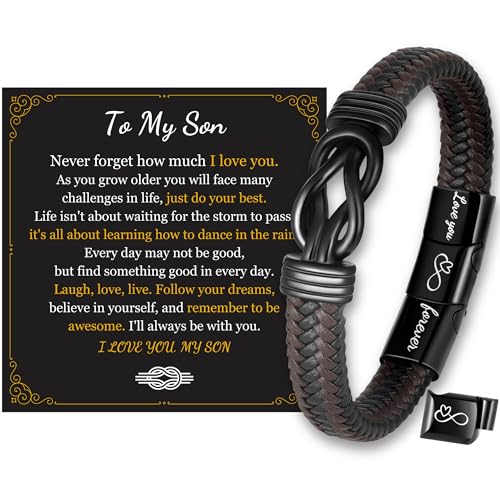 Braided Leather Stainless Steel Infinity Bracelets For Men, Engraved Love Massage Bracelet For Son Husband Boyfriend, Personalized Mens Bracelets Jewelry Gift for Birthday Christmas (To My Son-Black Knot, 8.5 Inches)