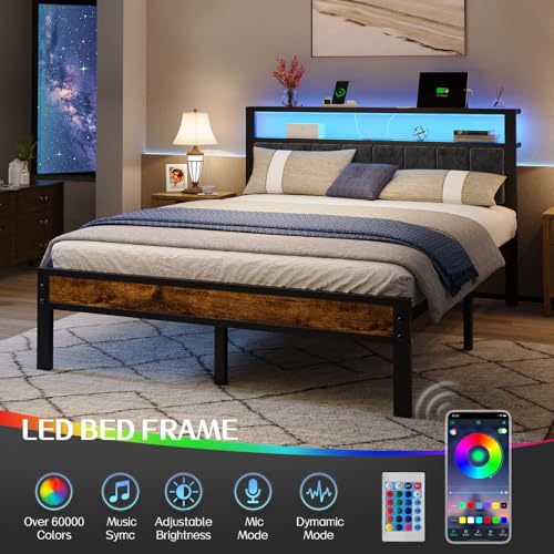 Image of Liians Queen Size Bed Frame with 2-Tier Storage Shelves Headboard, Platform Bed with Charging Station, LED Lights No Box Spring Needed Noise Free
