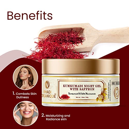 Image of Khadi Organique Kumkumadi Night Gel with Saffron, Turmeric & Red Sandalwood | Reduces Dark Spots, Pigmentation & Wrinkles | Ayurvedic Face Cream for Glowing, Bright, Youthful Skin - 50gm