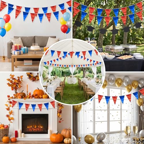 Image of 40M /130FT Blue Red Triangle Pennant Banner Flag Metallic Fabric Bunting Garland for Christmas Graduation, Independence Day, 4th of July, Patriotic Themed Party Decoration