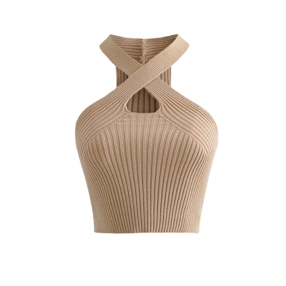 KOEMCY Crop Tops for Women Crisscross Halter Tank Tops for Women Sexy Summer Sleeveless Crop Tops Cropped Tank Tops (Khaki)