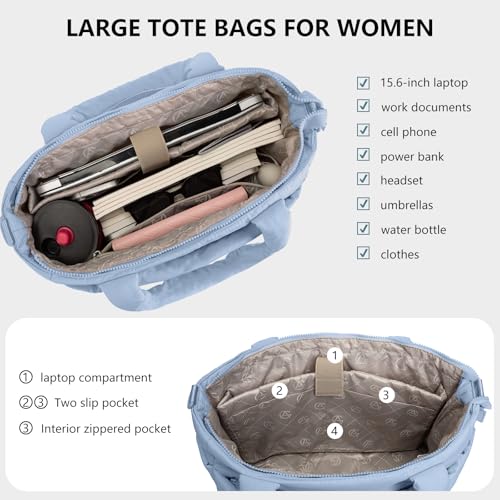 Image of Puffer Tote Bag for Women Quilted Nurse Bag Lightweight Work Bag for Teacher Travel Handbag with Multiple Pockets
