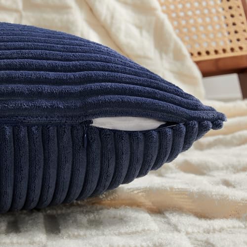 Image of Fancy Homi 2 Packs Navy Blue Lumbar Decorative Throw Pillow Covers 16x32 Inch for Living Room Couch, Rustic Farmhouse Boho Home Decor, Soft Striped Corduroy Rectangle Accent Cushion Case 40x80 cm