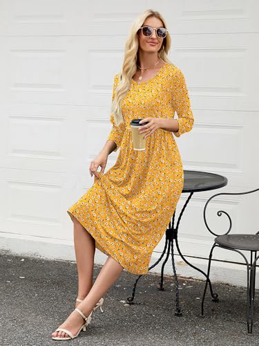 Image of Heymoments Women's Casual 3 /4 Sleeve Midi Dress Crewneck A Line Tiered Flowy Loose Travel Long Dresses with Pockets