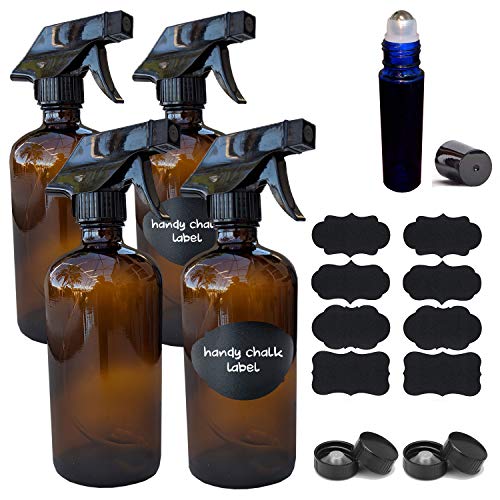 Refillable Amber 16 Ounce Glass Spray Bottles with Labels (4 Pack) - Perfect for Essential Oils, Cleaning Products Aromatherapy - Durable Trigger Sprayer w/Mist and Stream Settings