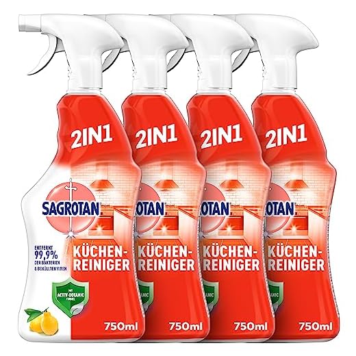 Sagrotan Küchen-Allzweck-Reiniger Spritzige Zitrone – 2in1 Desinfektionsreiniger für die zuverlässige Reinigung von Küchenoberflächen – 4 x 750 ml Sprühflasche