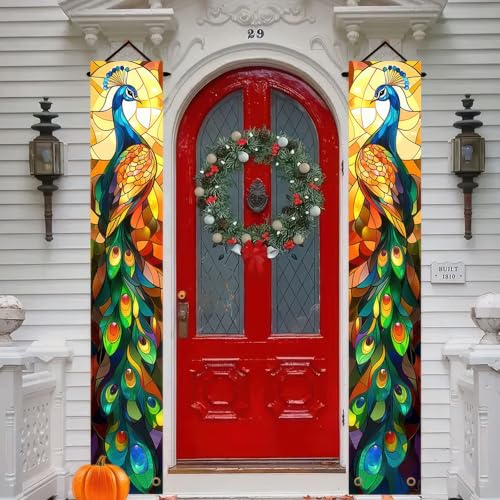 Image of BlissYard 2pcs Peacock Decorations Door Banner Stained Glass Peacock Porch Banners Hanging Sign Banner Seasonal Decor for Porch Patio Garden Outdoor Indoor Elegant Home Decoration Supplies