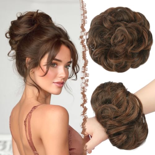 FESHFEN Large Messy Bun Hair Piece - Wavy Synthetic Chignon Scrunchies Elastic Ponytail Hair Extensions Thick Hairpieces for Women, RedVino 1.94oz