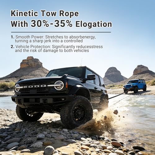 Image of Kinetic Recovery Tow Rope 5 /8 inch x 20ft, 38000lbs Snatch Strap,Heavy Duty Stretch Nylon Towing Ropes with 2pcs Soft Shackles for Offroad Vehicle,Jeep, SUV, ATV, UTV