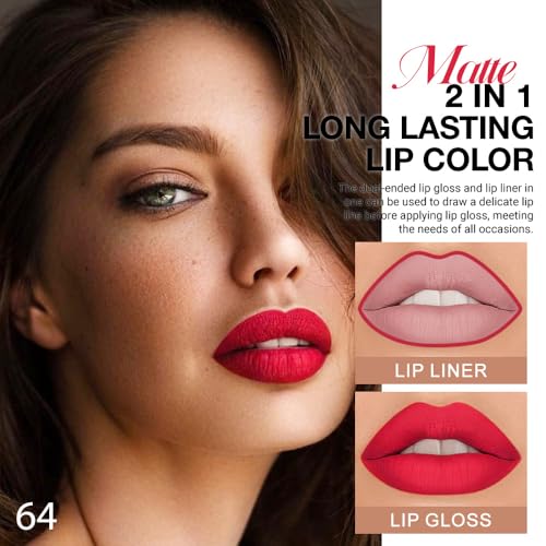 Image of evpct 1Pcs Fire Bright Red Matte Lip Liner & Liquid Lipstick Stain Makeup Set for Women, Red Lip Liner Stain Long Lasting Waterproof Smudge Proof, Cruelty Free Lip Stick Makeup 24 hours originales, 64