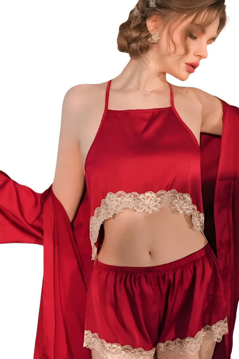 Silk cami Shorts/Pajama Set Nighty Babydoll Chemise with Robe for Bridal Nighty, Honeymoon, Bridal Shower Gift, Best (Free Size)-image-46