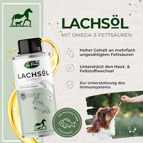 LaPura Lachsöl für Hunde, Katzen & Pferde - 100% Natur, mit Omega-3 & Omega-6 für Haut- & Fellpflege, Immunsystem, Beweglichkeit, Barf Öl ohne Zusätze, Premium Fischöl 250 ml