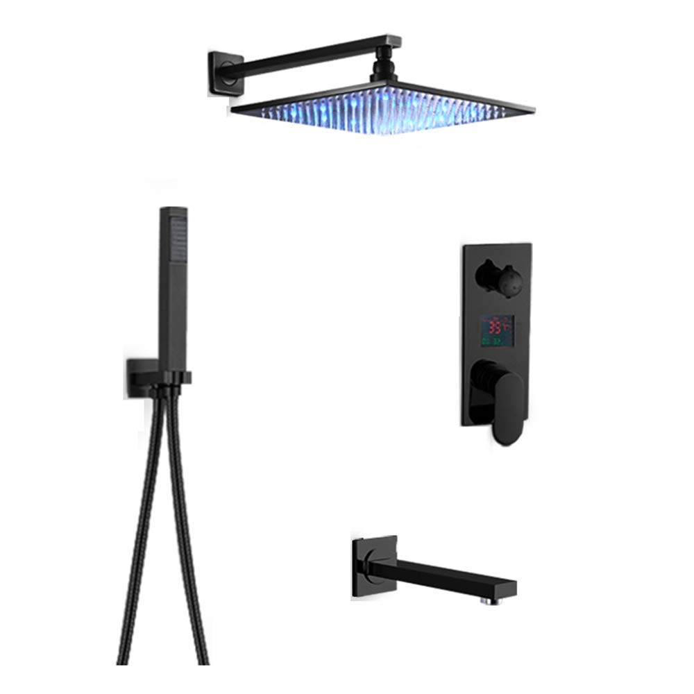 CWCQGH LED with Digital Display, Black Rain Mixer Shower Combo Set Wall Mounted Bathroom Shower Faucet Set with Shower Head, Handheld Shower, Tub Spout, Embedded Box,12 Inches