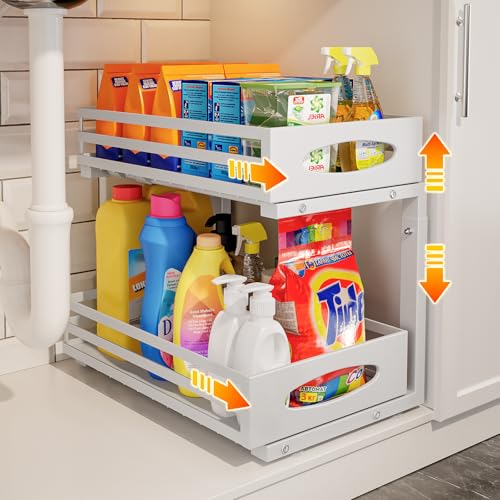 Image of Under Sink Organizer, 2 Tier Under Sink Organizers and Storage, Adjustable Height, Slide out Metal Cabinet Organizers, Pull out Cabinet Storage Drawer Shelf for Kitchen Bathroom (White, 1 Pack)