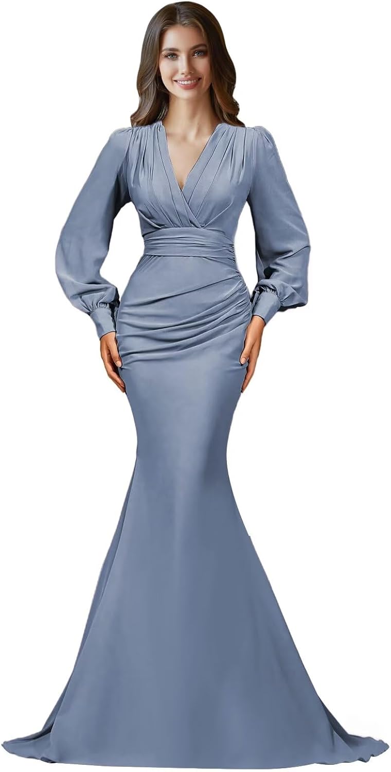 Long Sleeve Satin Prom Dresses 2025 V Neck Ruched Bridesmaid Dresses Mermaid Formal Evening Party Dress for Women